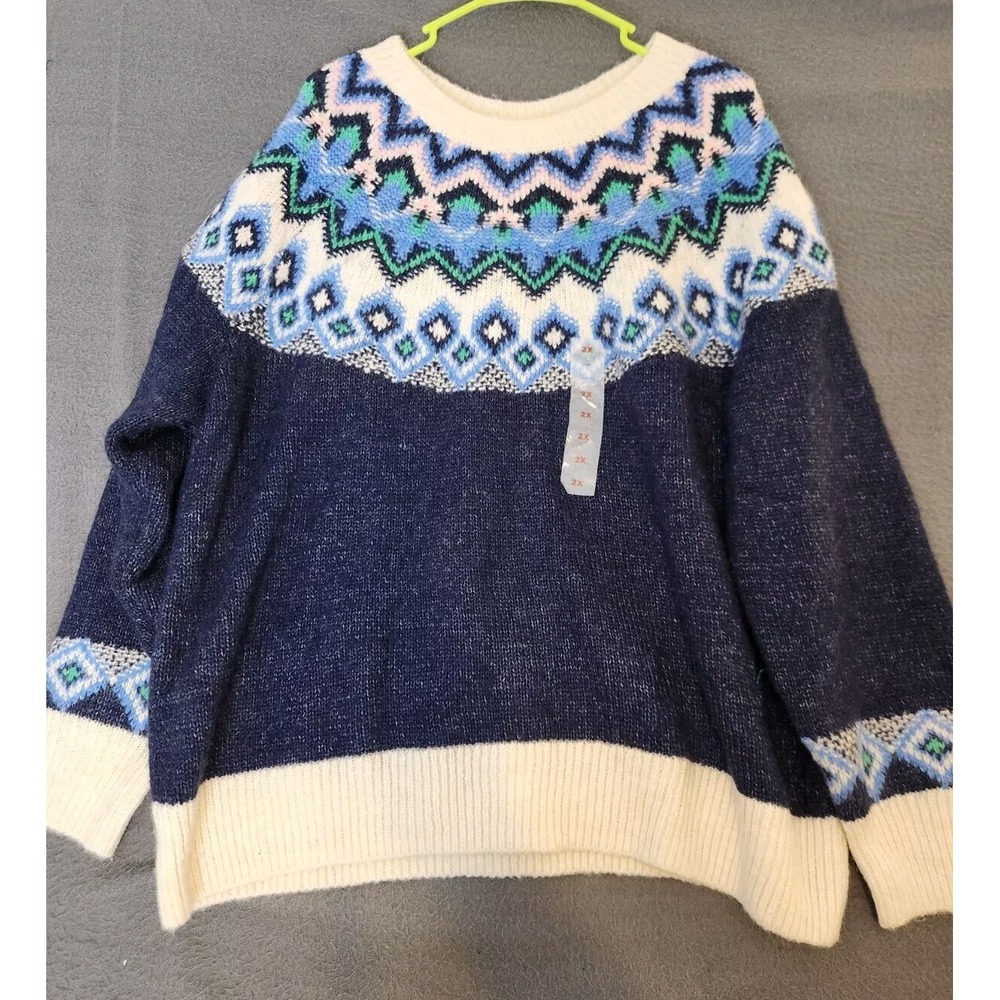 Old Navy Dark Blue Lt Blue Green Pink Fair Isle Soft Wooly Sweater 18 20 2X‎ NWT